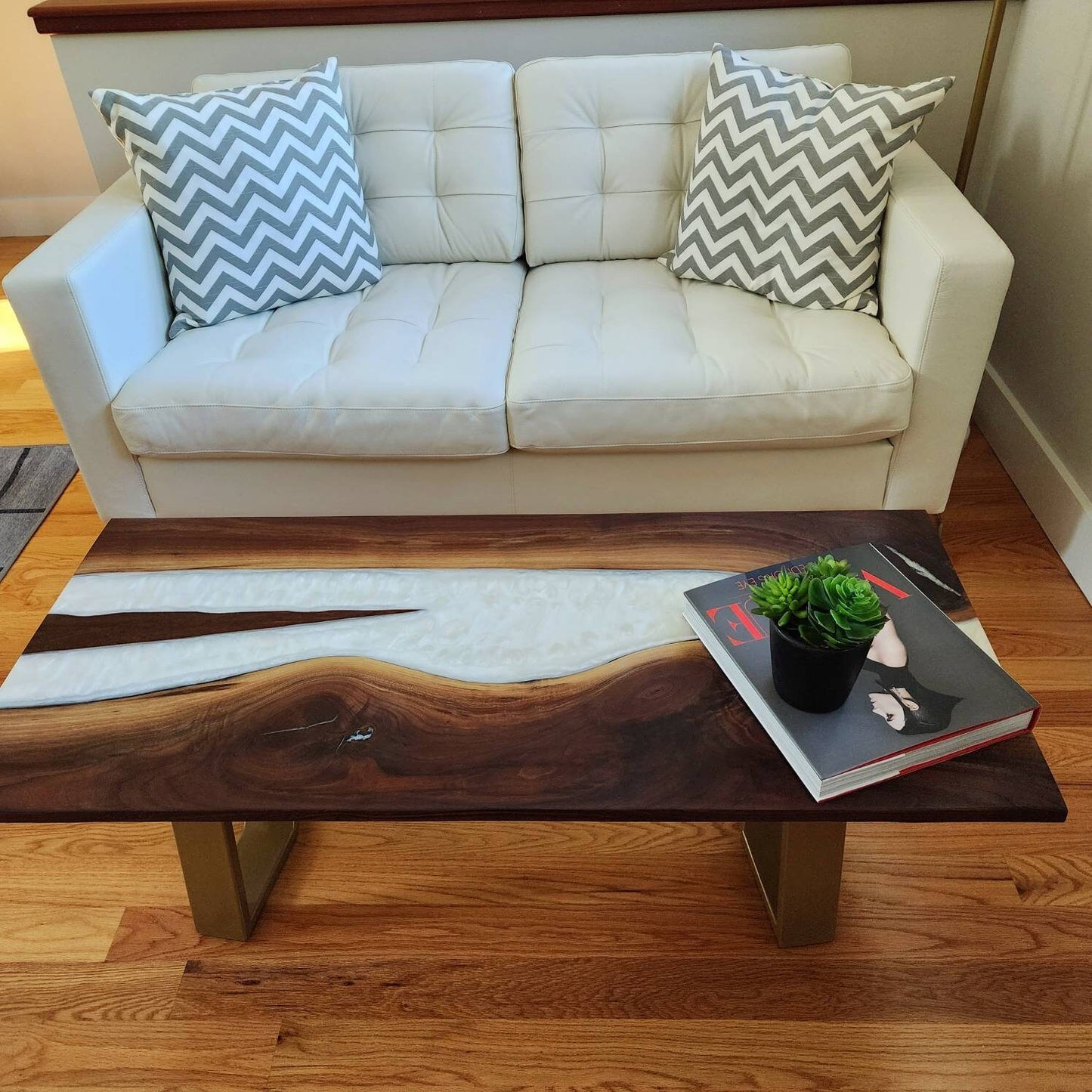 Sold Sample - Handmade Black Maple Live Edge River Coffee Table w/ White Pearl Epoxy