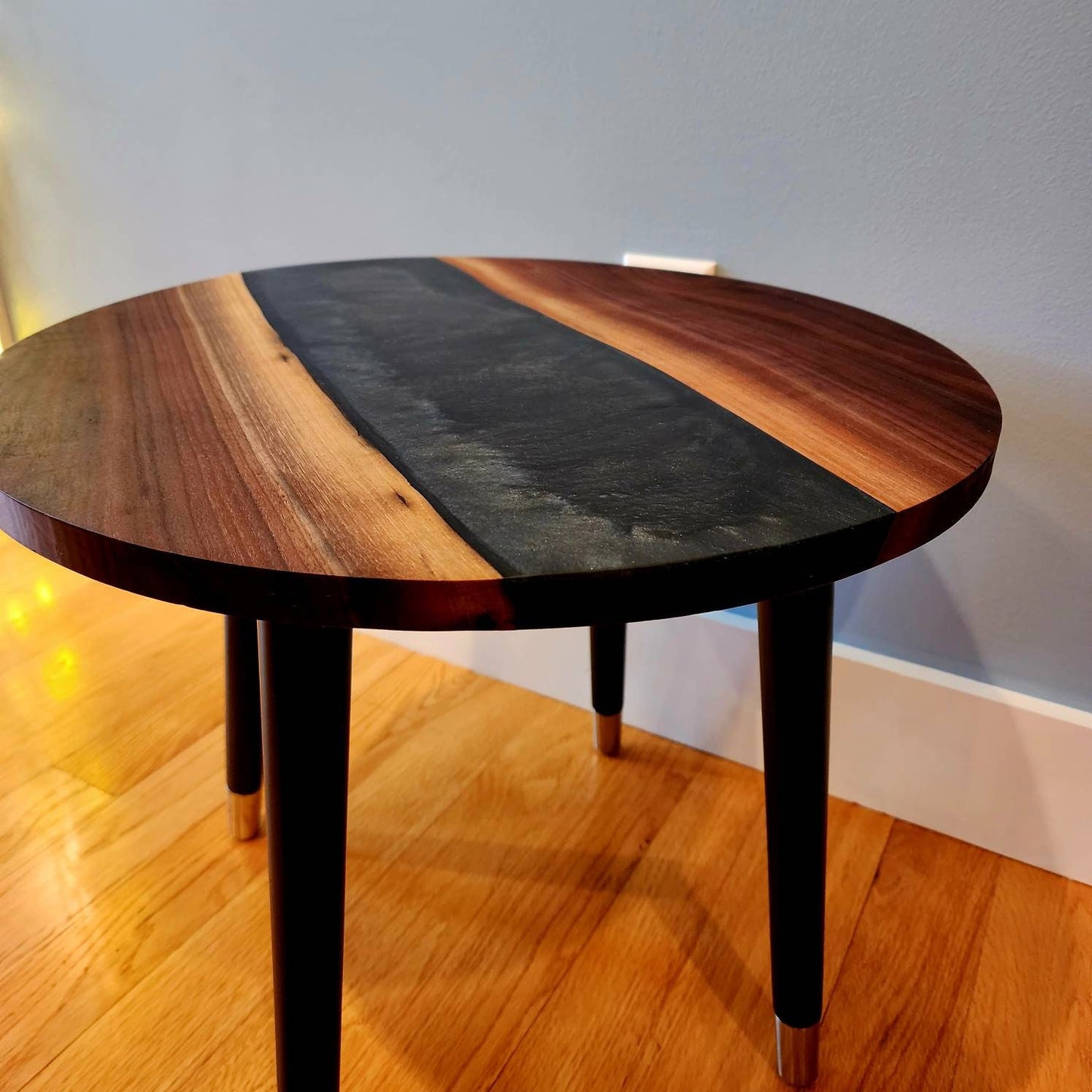 Sold Sample - Handmade Side Table! Black Walnut Live Edge w/ Diamond Aluminum Epoxy