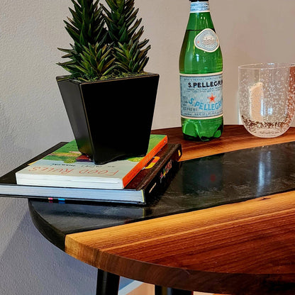 Sold Sample - Handmade Side Table! Black Walnut Live Edge w/ Diamond Aluminum Epoxy