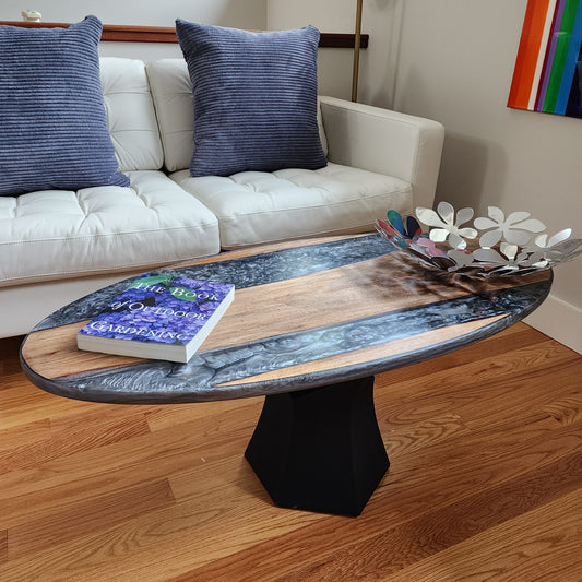 Sold Sample - Oval (Surfboard) Cherry Live Edge Coffee Table w/ Black Aluminum Epoxy