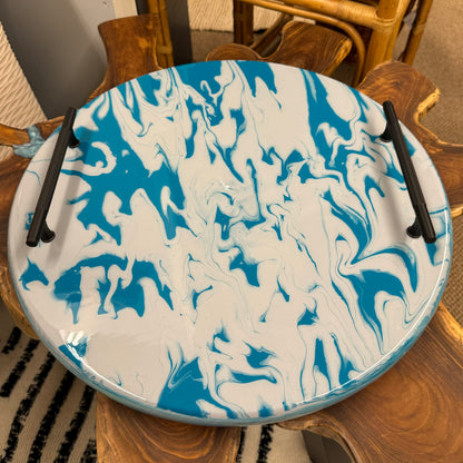 Teal/Gray Swirl Fluid Acrylic Resin Charcuterie Board With Lazy Susan Base & Black Handles