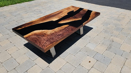 Sold Sample - Handmade Chunky Black Walnut Live Edge River Coffee Table w/ Matte Black Epoxy -