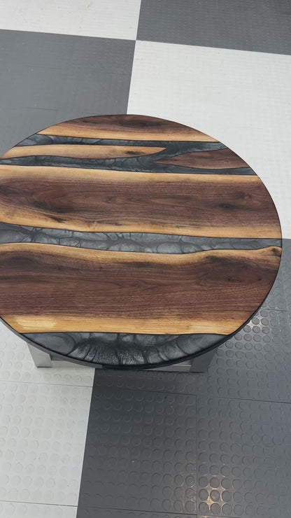 Handmade Black Walnut & Graphite Gray Swirl River Coffee Table Chrome Brushed Legs