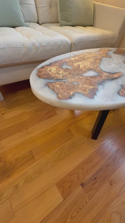 Handmade Olive Wood Live Edge Oval (Surfboard) Coffee Table w/ Pure White Pearl Swirls.